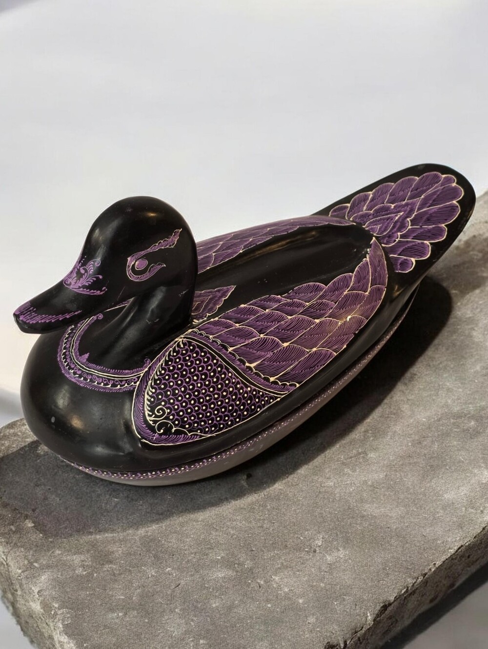 Vintage Hand-Painted Purple Lacquerware Duck Trinket Box